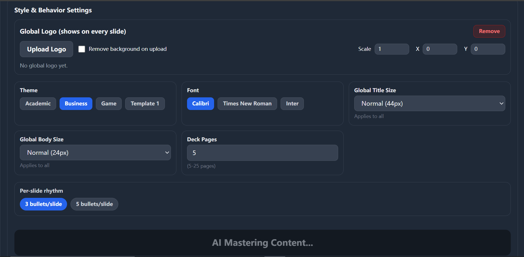 Style settings: theme, font, and sizing controls